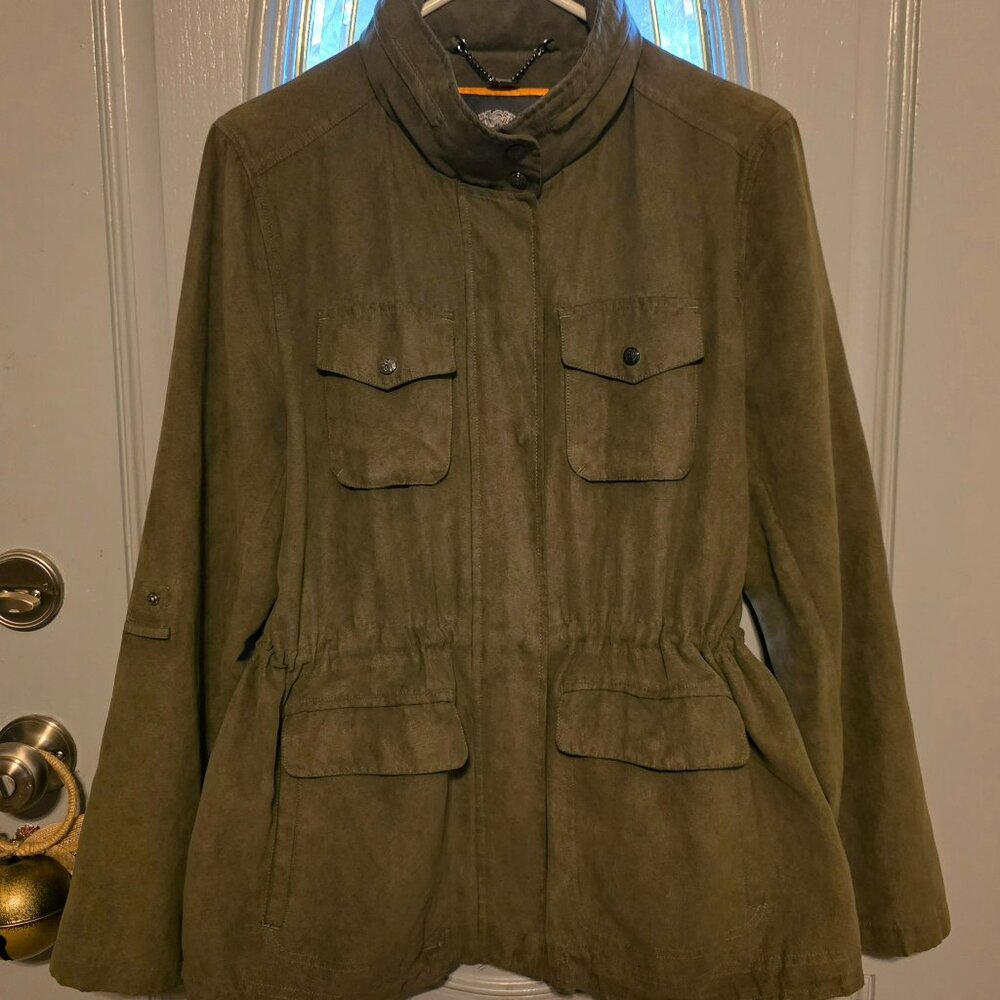Vince Camuto Green Microsuede Utility Adj Sleeves Cinched Waist & Bottom Jacket